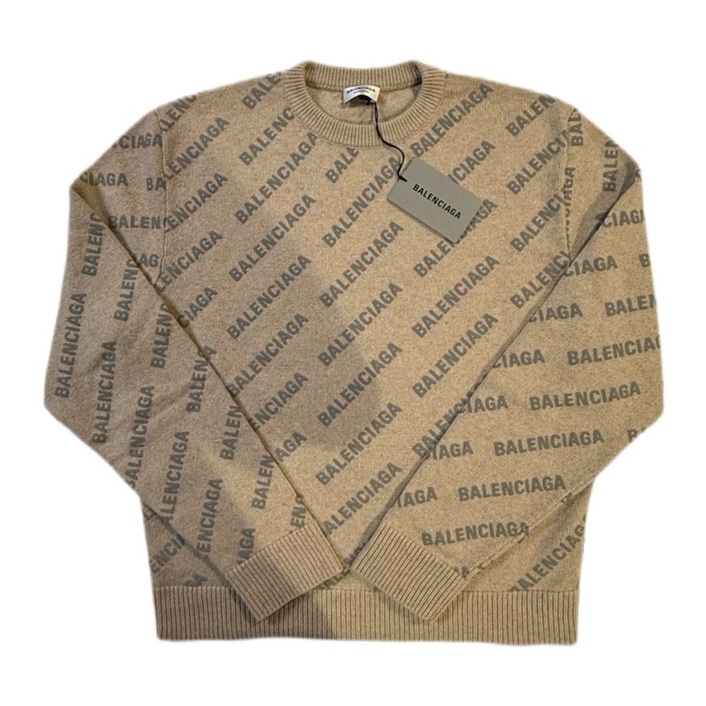 Balenciaga Reflective Puff Print Logo Cashmere Tan Sweater